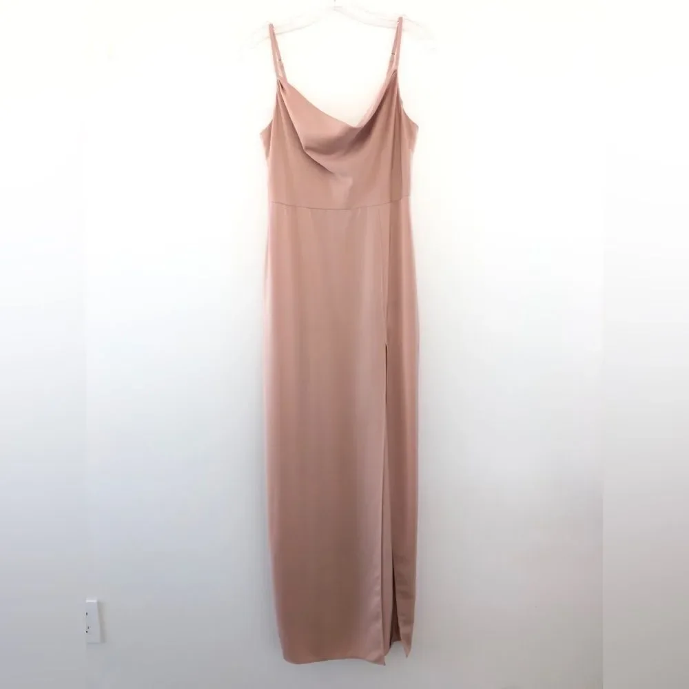 NBD REVOLVE Lila Gown in Champagne Satin Slip Draped Maxi Column Leg Slit S - Picture 4 of 13
